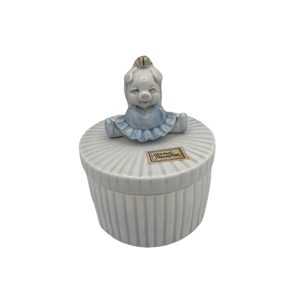 Vintage 1979 Fitz And Floyd Pig In Blue Tutu Round Trinket Box Ballerina Dancer